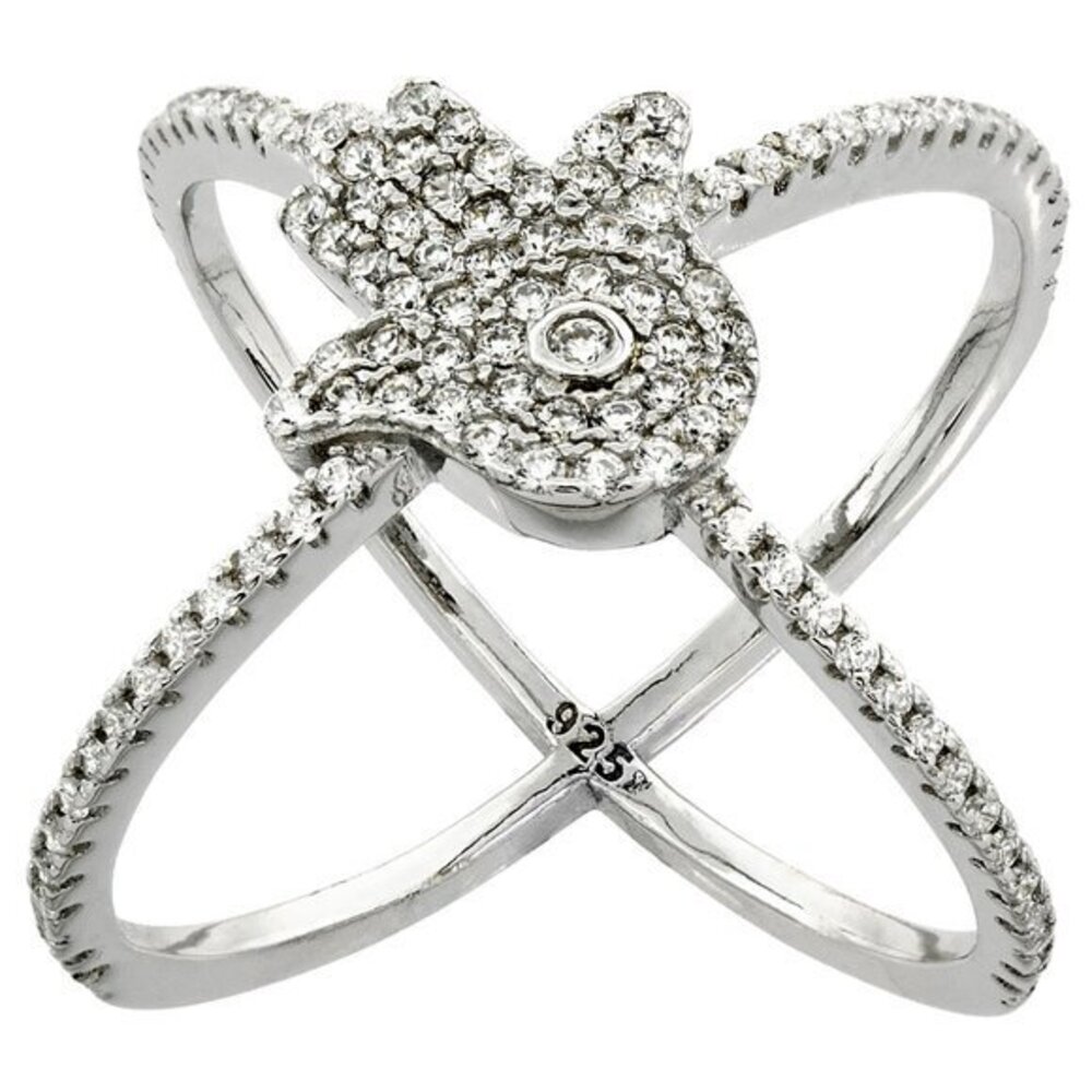 Sterling Silver Cubic Zirconia Criss Cross Ring Hamsa Ring Micro pave 6 7 8 9